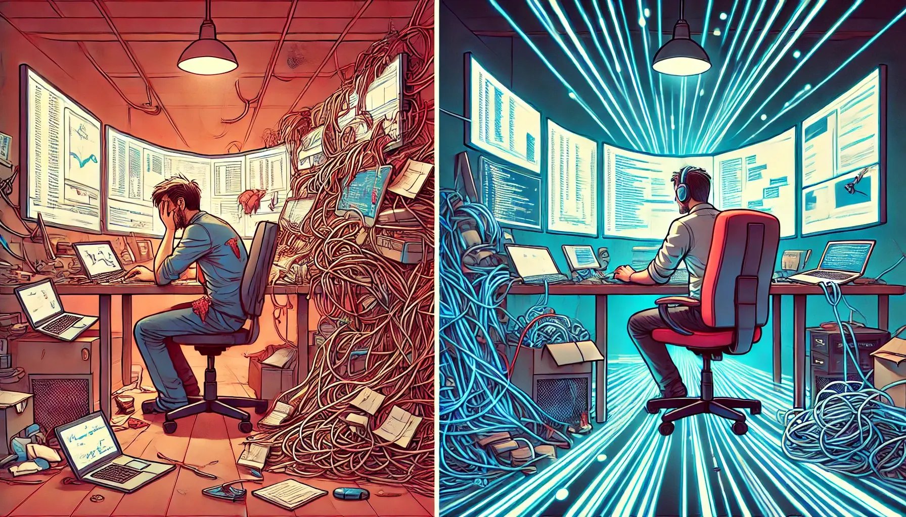 DALL·E 2025-02-17 11.33.33 - A side-by-side comparison of two developers at work. On the left, an exhausted developer sits at a cluttered desk, overwhelmed, surrounded by multiple